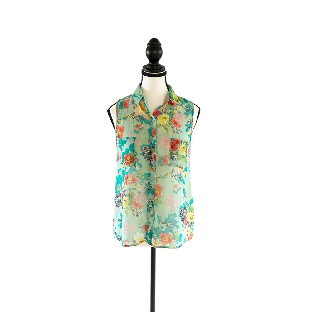 Vibrant Floral Bluenotes Sleeveless Sheer Button Down Shirt Size M